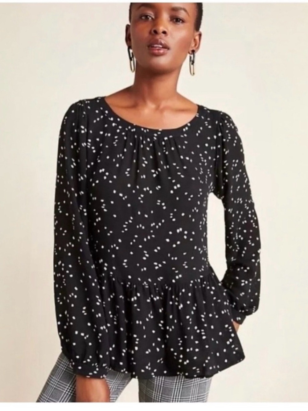 Anthropologie Maeve Black Long-Sleeve Peplum Dress with White Dot Print